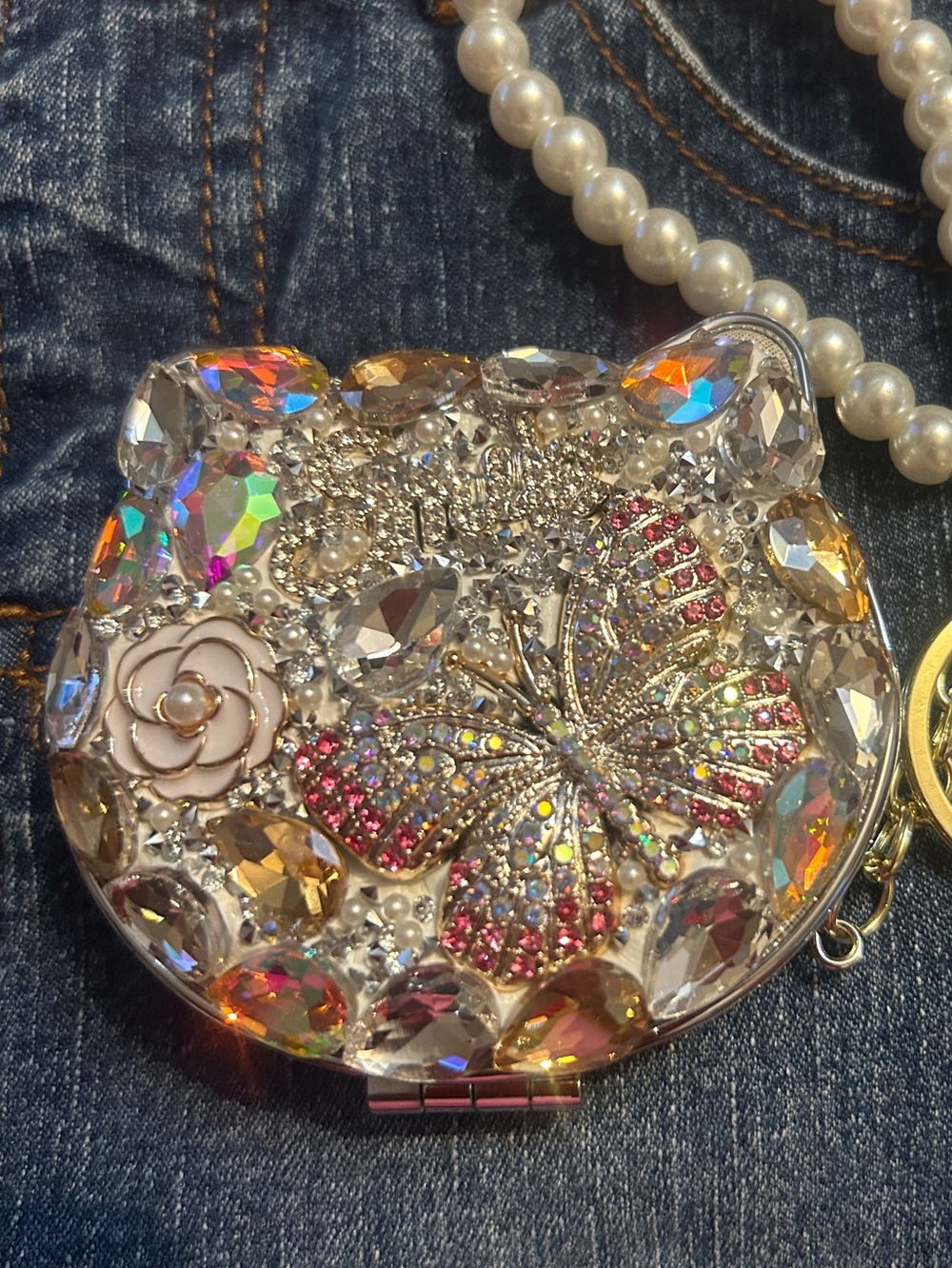 Cat Face Embellished Crystal Butterfly bag chain compact mirror